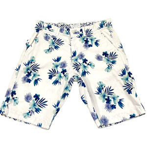 Denim & Flower Bermuda Shorts Men Size 30 White Blue Tropical Hawaiian 9" Inseam